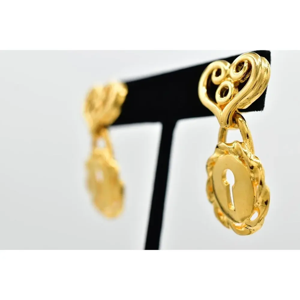 Givenchy Vintage Heart Lock Earrings Gold Tone Dangle Chunky Signed 1980s BinBK